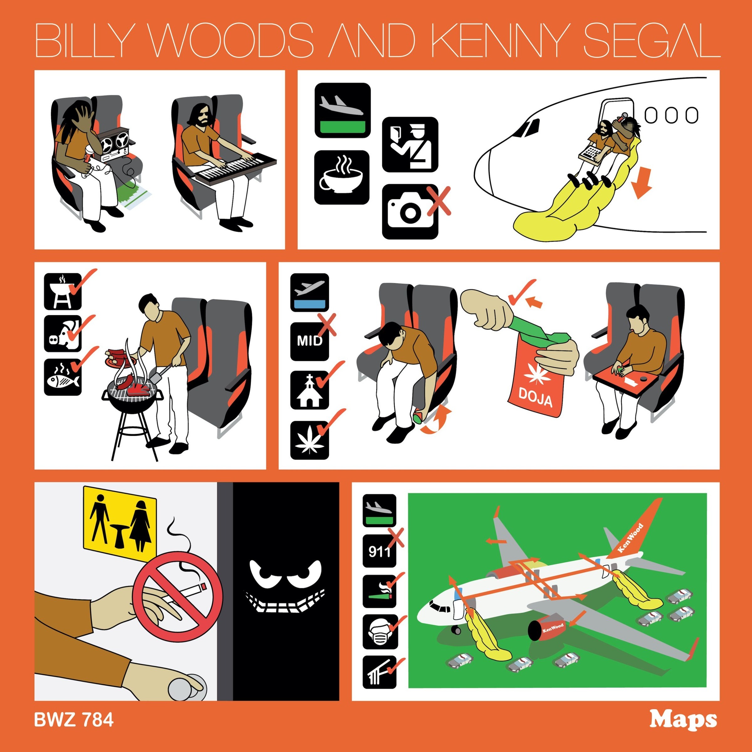 The cover art of billy woods and Kenny Segal's 'Maps'. An illustration parodying airline safety instructional comics.